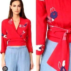 Rollas Shirt Women Small Red Floral‎ Print Delilah Wrap Blouse Boho Cottagecore